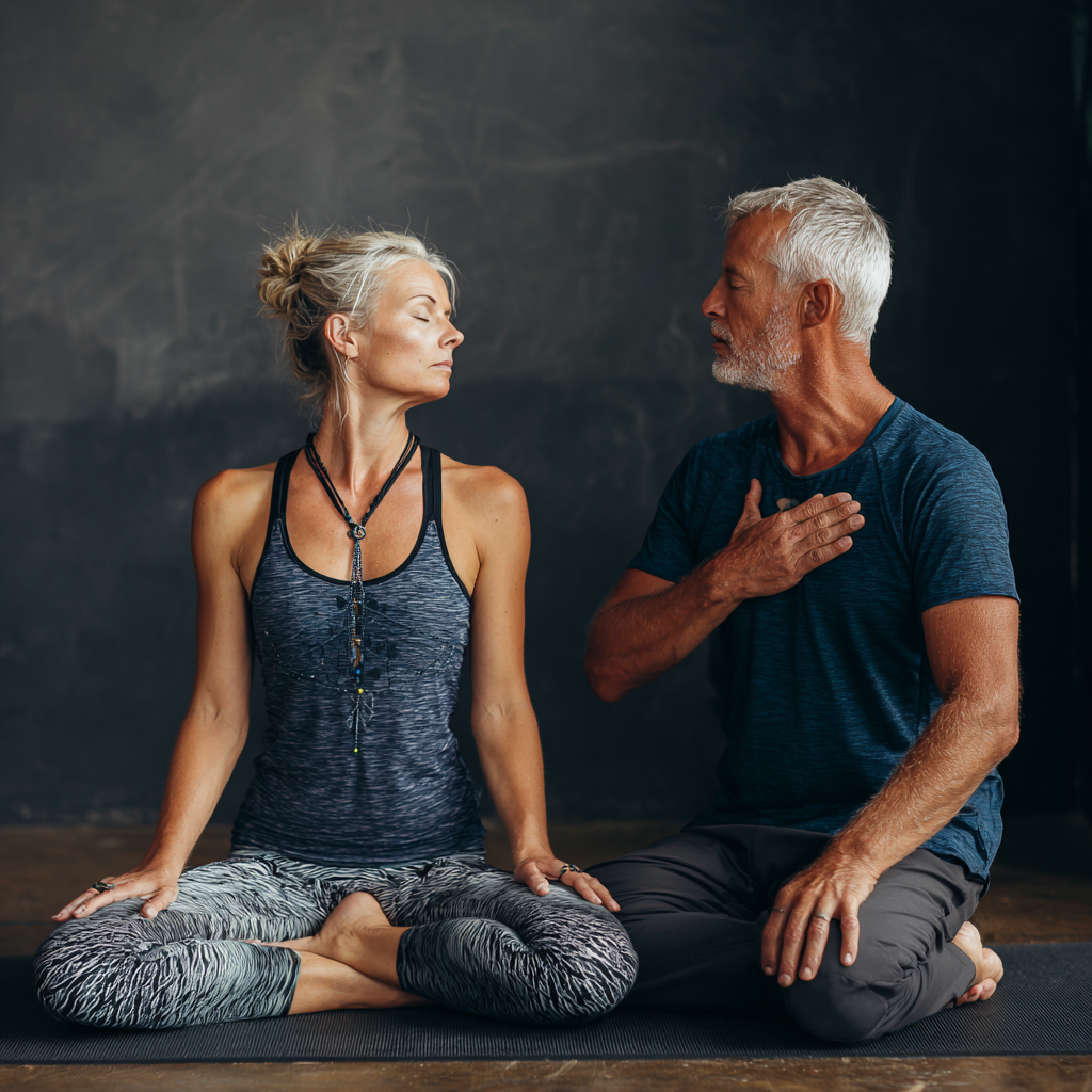 experienced yoga instructor guiding middle-aged student in breathing exercise