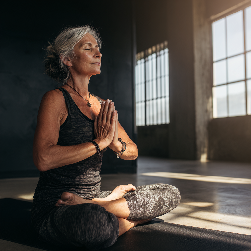 mature woman practicing yoga meditation in peaceful studio setting