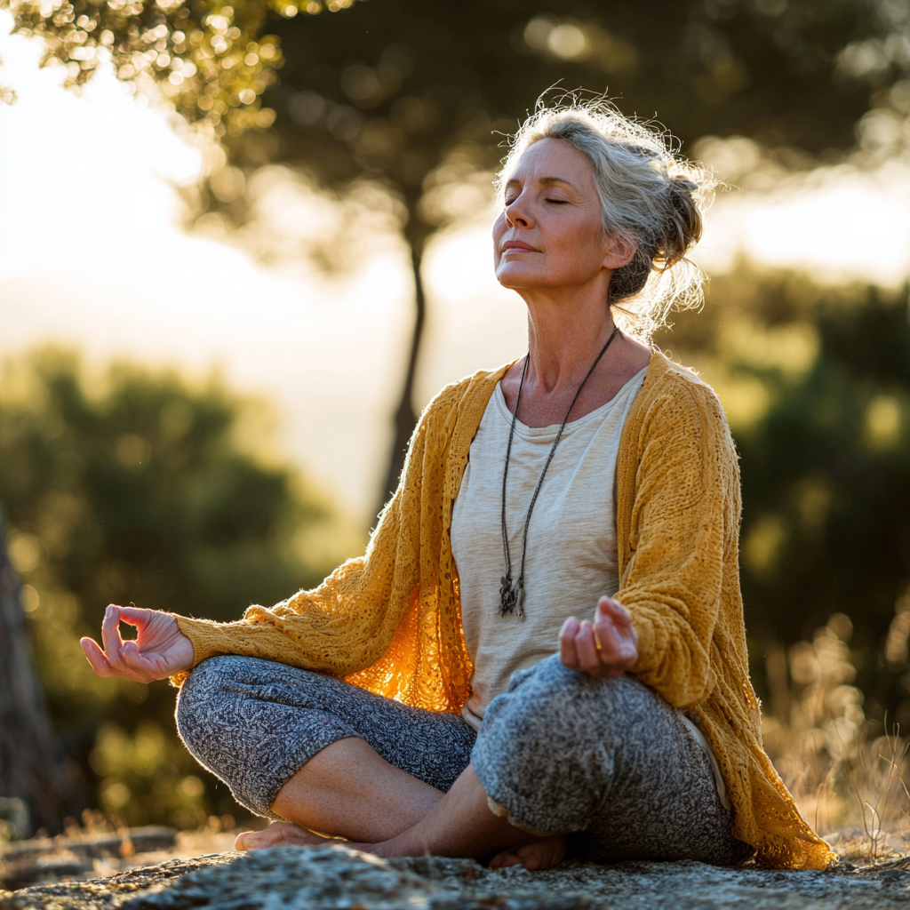 senior woman enjoying peaceful yoga session outdoors in natural setting